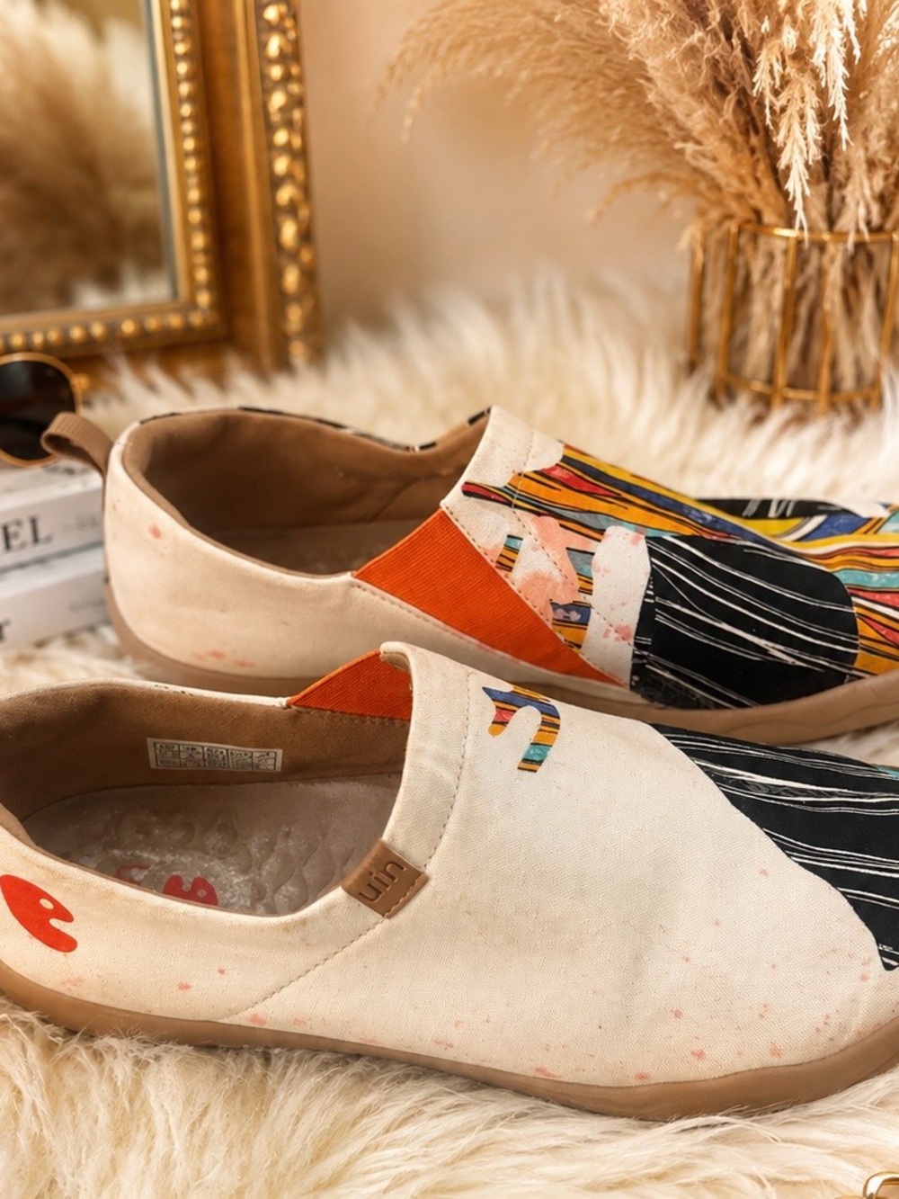 UIN Women's Canvas Slip-Ons in Cream, Orange, Black and Multicolor Size 10.5